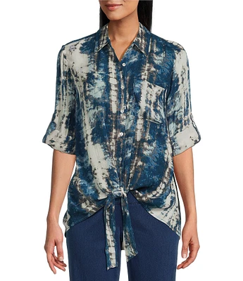Intro Crinkle Gauze Printed Point Collar 3/4 Roll-Tab Sleeve Tie Front Hem Shirt