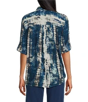 Intro Crinkle Gauze Printed Point Collar 3/4 Roll-Tab Sleeve Tie Front Hem Shirt