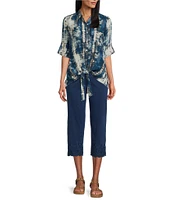 Intro Crinkle Gauze Printed Point Collar 3/4 Roll-Tab Sleeve Tie Front Hem Shirt