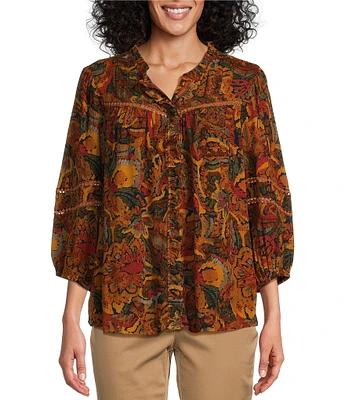 Intro Crinkle Gauze Tapestry Print Split V-Neck 3/4 Sleeve Lace Inset Pleated Peasant Top