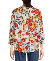 Intro Embroidered Floral Print Split Round Neck 3/4 Balloon Sleeve Ruffle Trim Button-Front Boho Peasant Top