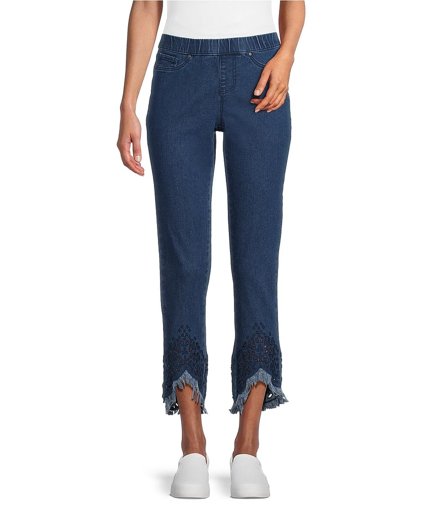 Intro Straight Leg Denim Tulip Eyelet Embroidered Frayed Hem Pull-On Ankle Pants