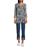 Intro Straight Leg Denim Tulip Eyelet Embroidered Frayed Hem Pull-On Ankle Pants