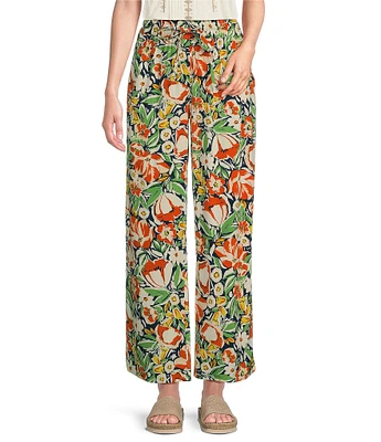 Intro Janis Woven Floral Wide-Leg Pull-On Ankle Pants