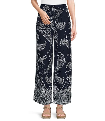 Intro Janis Woven Paisley Print Wide-Leg Pull-On Ankle Pants