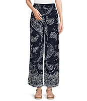 Intro Janis Woven Paisley Print Wide-Leg Pull-On Ankle Pants