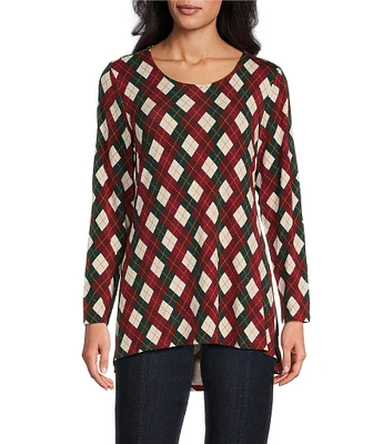 Intro Knit Jersey Argyle Printed Scoop Neck Long Sleeve Pleated Detail Top