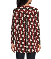 Intro Knit Jersey Argyle Printed Scoop Neck Long Sleeve Pleated Detail Top