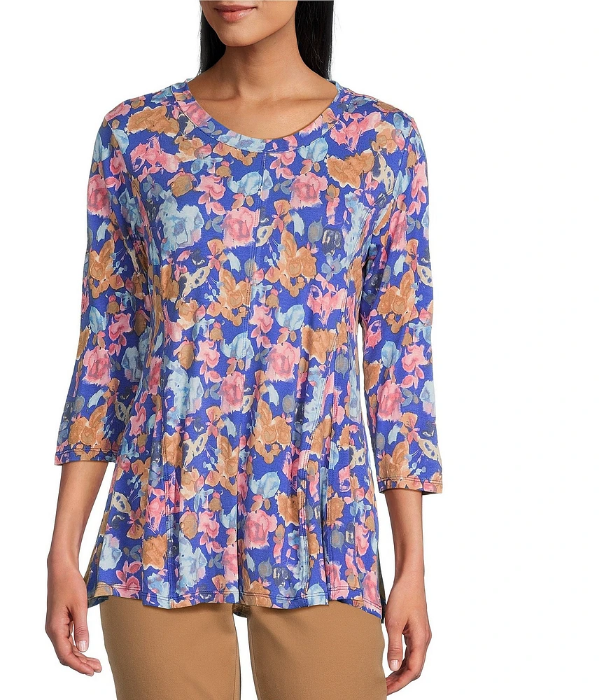 Intro Knit Jersey Dazzling Blue Scoop Neck 3/4 Sleeve Flare Hem Top