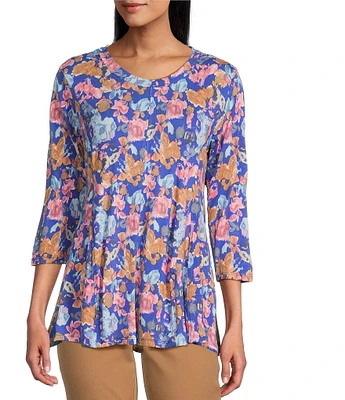 Intro Knit Jersey Dazzling Blue Scoop Neck 3/4 Sleeve Flare Hem Top