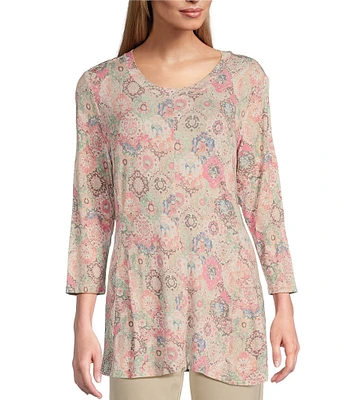 Intro Knit Jersey Floral Print Scoop Neck 3/4 Sleeve Flare Hem Top