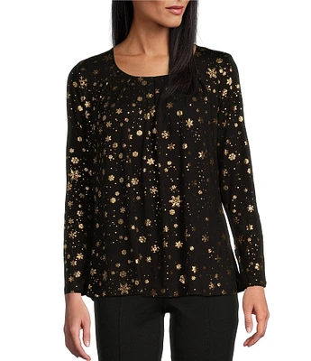 Intro Knit Jersey Gold Foil Snowflake Print Scoop Neck Long Sleeve T-Shirt