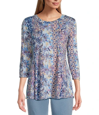 Intro Knit Jersey Scoop Floral Neck 3/4 Sleeve Flare Hem Top