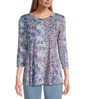 Intro Knit Jersey Scoop Floral Neck 3/4 Sleeve Flare Hem Top