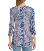Intro Knit Jersey Scoop Floral Neck 3/4 Sleeve Flare Hem Top