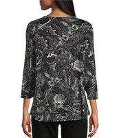 Intro Knit Jersey Tapestry Print Scoop Pleated Neck 3/4 Sleeve Tee Shirt