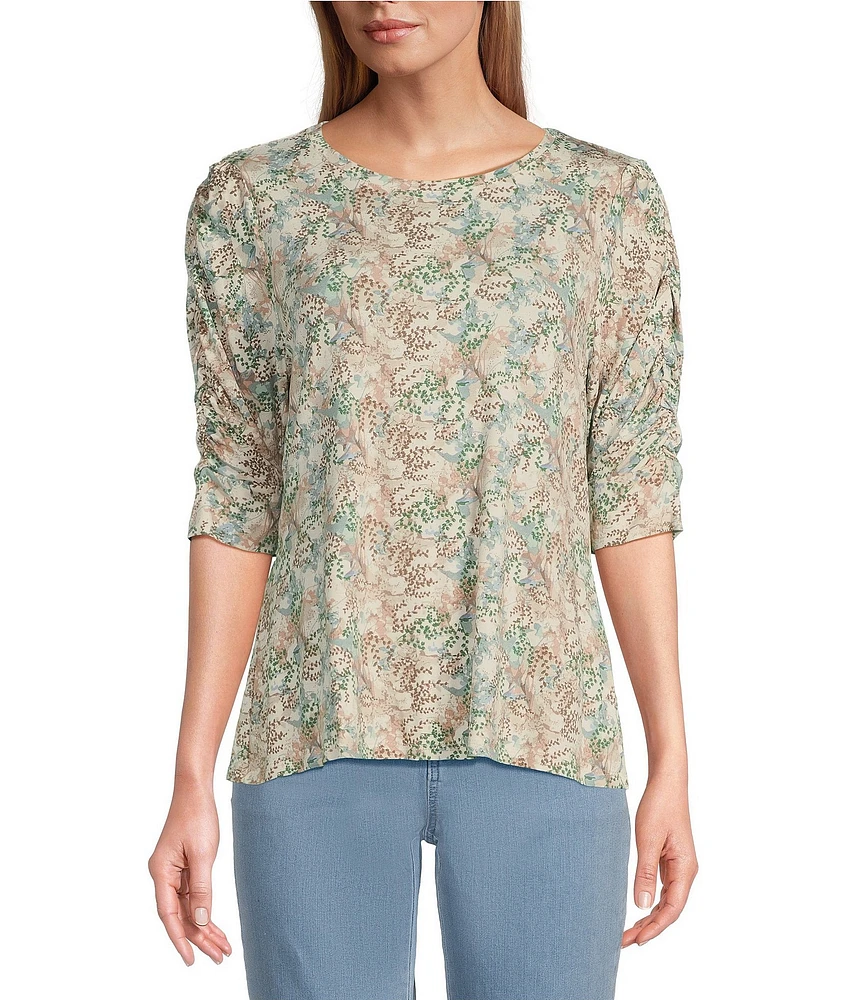 Intro Knit Jersey Vine Print Crew Neck Elbow Puff Sleeve Top