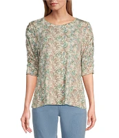Intro Knit Jersey Vine Print Crew Neck Elbow Puff Sleeve Top