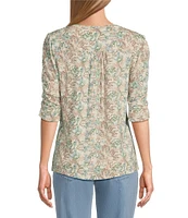 Intro Knit Jersey Vine Print Crew Neck Elbow Puff Sleeve Top