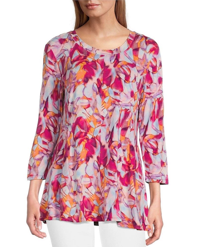 Intro Knit Jersey Watercolor Print Scoop Neck 3/4 Sleeve Flare Hem Top