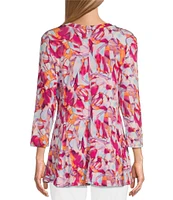 Intro Knit Jersey Watercolor Print Scoop Neck 3/4 Sleeve Flare Hem Top