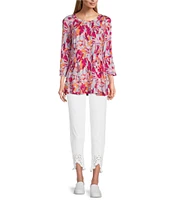 Intro Knit Jersey Watercolor Print Scoop Neck 3/4 Sleeve Flare Hem Top