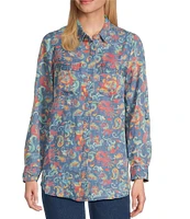 Intro Lyocell Floral Paisley Print Collared Long Roll-Tab Sleeve Snap Front Shirt