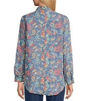 Intro Lyocell Floral Paisley Print Collared Long Roll-Tab Sleeve Snap Front Shirt