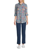 Intro Lyocell Floral Paisley Print Collared Long Roll-Tab Sleeve Snap Front Shirt