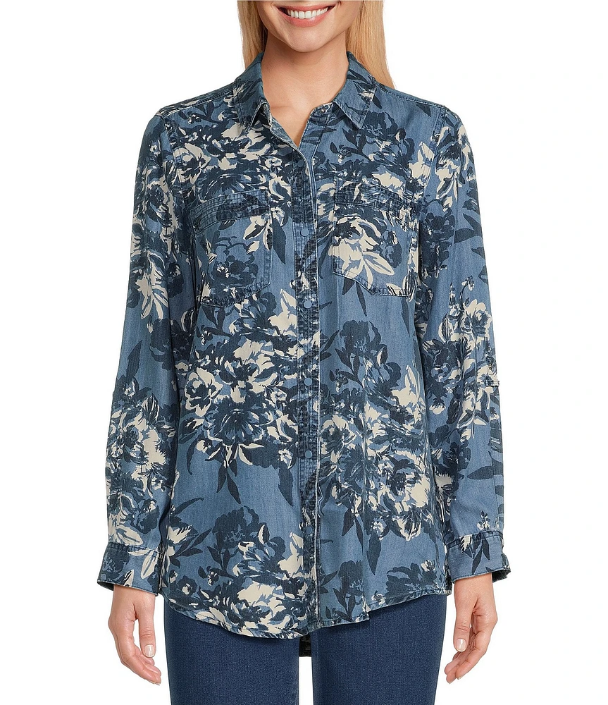 Intro Lyocell Floral Print Collared Long Roll-Tab Sleeve Snap Front Shirt