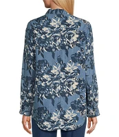 Intro Lyocell Floral Print Collared Long Roll-Tab Sleeve Snap Front Shirt