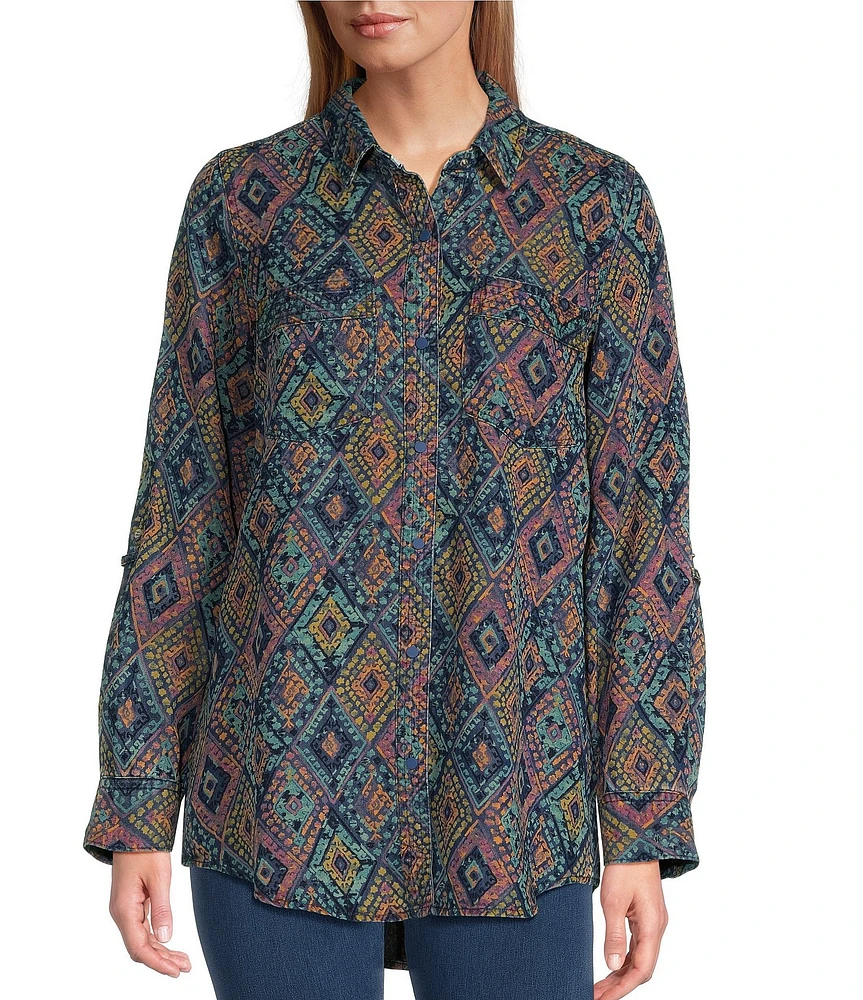 Intro Lyocell Geo Print Collared Long Roll-Tab Sleeve Snap-Front Shirt