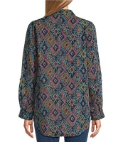 Intro Lyocell Geo Print Collared Long Roll-Tab Sleeve Snap-Front Shirt