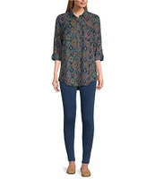 Intro Lyocell Geo Print Collared Long Roll-Tab Sleeve Snap-Front Shirt