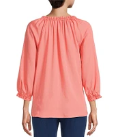 Intro Lyocell Slub Split Round Neck Ruffle Trim 3/4 Sleeve Hidden Button Front Peasant Top