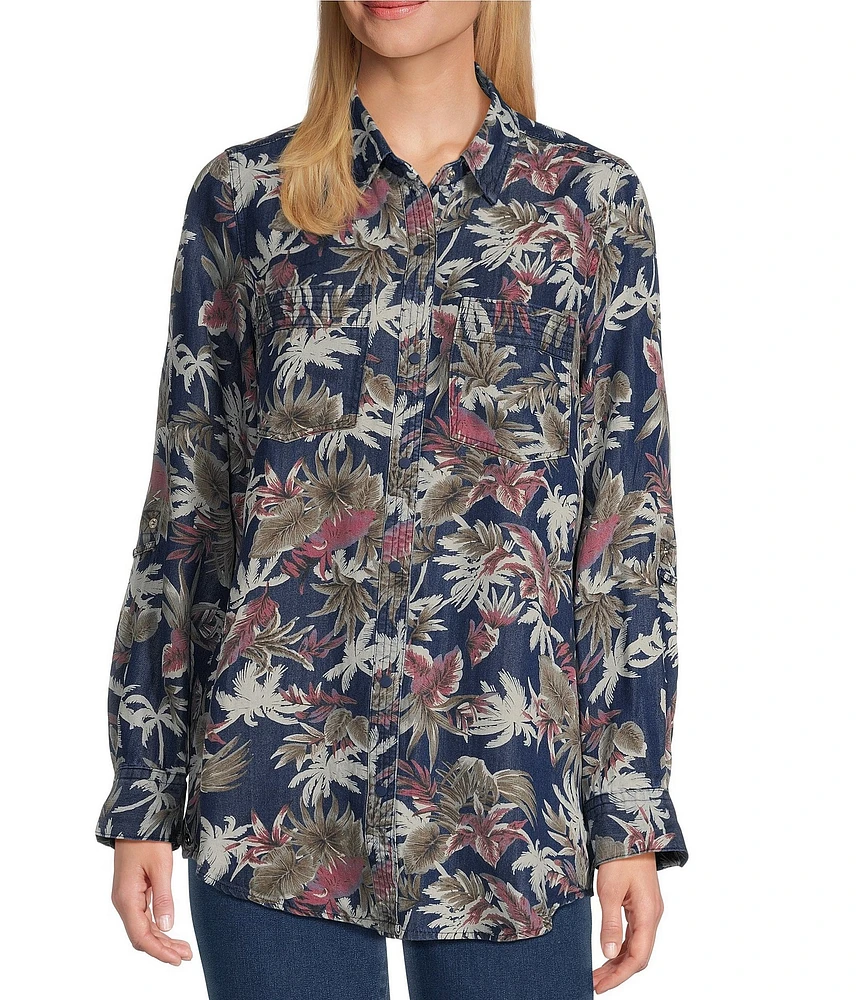 Intro Lyocell Tropical Print Collared Long Roll-Tab Sleeve Snap-Front Shirt