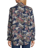 Intro Lyocell Tropical Print Collared Long Roll-Tab Sleeve Snap-Front Shirt