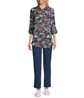 Intro Lyocell Tropical Print Collared Long Roll-Tab Sleeve Snap-Front Shirt