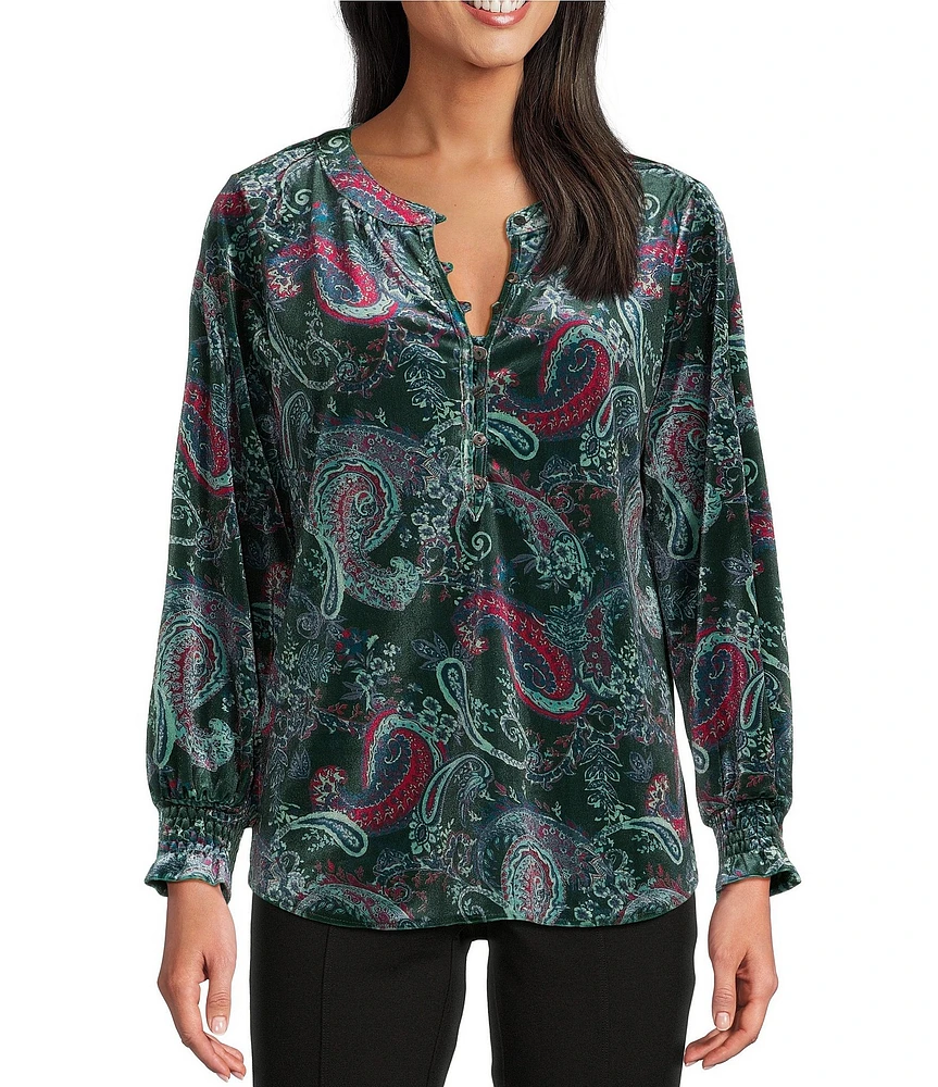 Intro Paisley Banded Round Collar Long Sleeve Pop Over Blouse