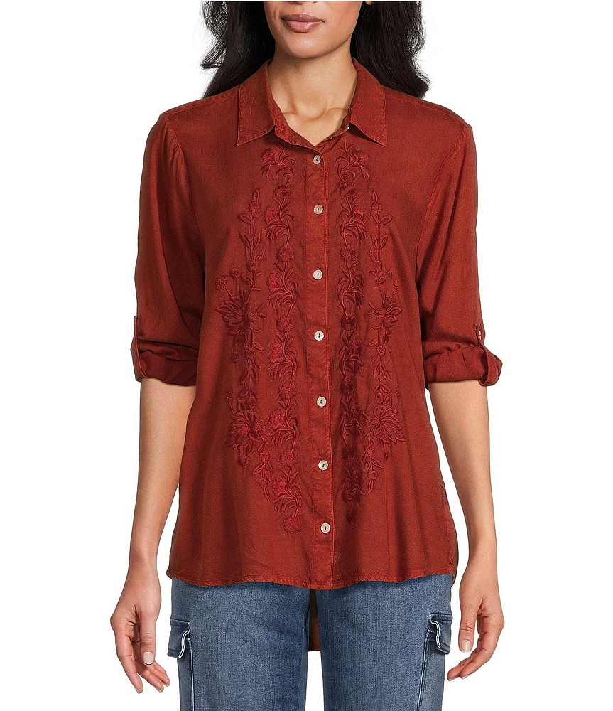 Intro Petite Size Acid Wash Embroidered Point Collar 3/4 Roll-Tab Sleeve Button Front Shirt