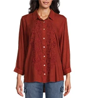 Intro Petite Size Acid Wash Embroidered Point Collar 3/4 Roll-Tab Sleeve Button Front Shirt