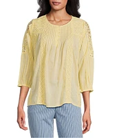 Intro Petite Size Cotton Voile Crew Neck 3/4 Sleeve Lace Trim Peasant Blouse