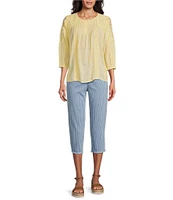 Intro Petite Size Cotton Voile Crew Neck 3/4 Sleeve Lace Trim Peasant Blouse