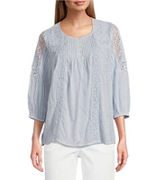 Intro Petite Size Cotton Voile Crew Neck 3/4 Sleeve Lace Trim Peasant Blouse