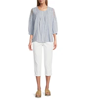 Intro Petite Size Cotton Voile Crew Neck 3/4 Sleeve Lace Trim Peasant Blouse