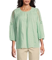 Intro Petite Size Cotton Voile Crew Neck 3/4 Sleeve Lace Trim Peasant Blouse