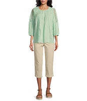 Intro Petite Size Cotton Voile Crew Neck 3/4 Sleeve Lace Trim Peasant Blouse