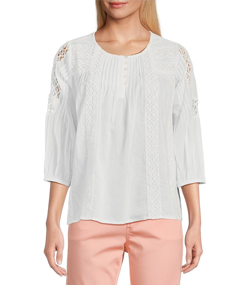 Intro Petite Size Cotton Voile Crew Neck 3/4 Sleeve Lace Trim Peasant Blouse
