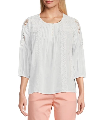 Intro Petite Size Cotton Voile Crew Neck 3/4 Sleeve Lace Trim Peasant Blouse