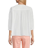 Intro Petite Size Cotton Voile Crew Neck 3/4 Sleeve Lace Trim Peasant Blouse